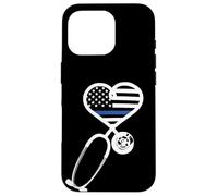 Carcasa para iPhone 16 Pro Nurse Police Wife Officer Thin Blue Line Heart Flag Black