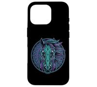 Carcasa para iPhone 16 Pro Retrato de Caballo Estilo Cyberpunk Verde Azulado Púrpura Mandala Circuitry