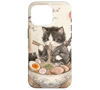 Carcasa para iPhone 16 Pro Samurai Ninja Cute Cat Ramen Bowl Japonés Acuarela Japón