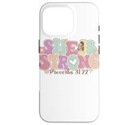 Carcasa para iPhone 16 Pro She Is Strong Proverbs 31:22 Gráfico Floral
