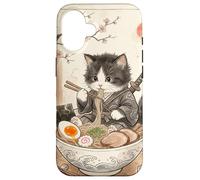 Carcasa para iPhone 16 Samurai Ninja Cute Cat Ramen Bowl Japonés Acuarela Japón