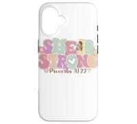 Carcasa para iPhone 16 She Is Strong Proverbs 31:22 Gráfico Floral
