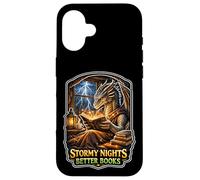 Carcasa para iPhone 16 Stormy Night Cozy Dragon Reading Fantasía Criatura