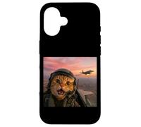 Carcasa para iPhone 16 Vintage Fighter Pilot Cat Cool Look Aviación Selfie Art
