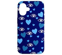 Carcasa para iPhone 16 White Eye Lashes Turkish Blue Hearts Pattern