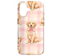 Carcasa para iPhone 17 Golden Retriever Puppy Lazo Rosa Gingham Sweet Dog Design