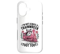 Carcasa para iPhone 17 Im Not Always a Trainwreck Cute Raccoon Pink Toot Train