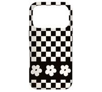 Carcasa para iPhone 17 Pro Aesthetic Checker Retro Groovy Flowers in White and Black