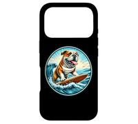 Carcasa para iPhone 17 Pro Bulldog Perro Surfing Surfer Propietario Tabla de Surf Jinete Vintage Mar