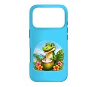 Carcasa para iPhone 17 Pro Cocodrilo Divertido en la Playa, Flores Tropicales de Coco