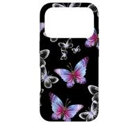 Carcasa para iPhone 17 Pro Cute Purple and Blue Butterfly Pattern Nature On Black