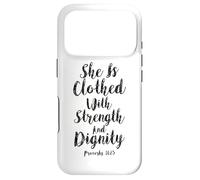 Carcasa para iPhone 17 Pro Ella está Vestida con Fuerza y dignidad versículo bíblico