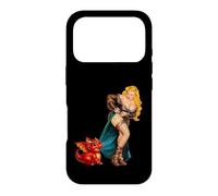 Carcasa para iPhone 17 Pro Fantasy Barbarian Pinup Woman Red Baby Dragon Tugging Skirt