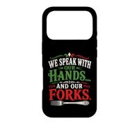 Carcasa para iPhone 17 Pro Hablamos con Las Manos Y Nuestros Tenedores Comida Italiana Humor