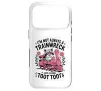 Carcasa para iPhone 17 Pro Im Not Always a Trainwreck Cute Raccoon Pink Toot Train