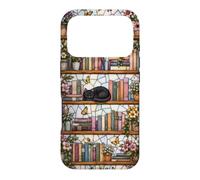 Carcasa para iPhone 17 Pro Literary Cat Book Lover Floral Estantería Vitral