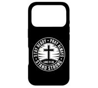 Carcasa para iPhone 17 Pro Lucas 21:36 Stay Ready Pray Always Stand Strong, Insignia de Cruz