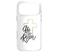 Carcasa para iPhone 17 Pro MAX Camisa de Pascua Feliz con Texto en inglés He Is Risen Jesus Cross Scripture Matthew