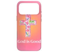 Carcasa para iPhone 17 Pro MAX God Is Good, Rosa Degradado, con Estampado Floral, Cruz Cristiana, Bonita para Verano