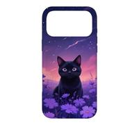 Carcasa para iPhone 17 Pro MAX Lindo Vaporwave Negro Gato Miau Flor Campo Retro Medianoche
