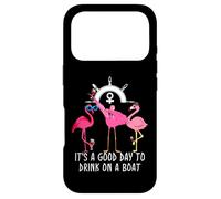 Carcasa para iPhone 17 Pro Pink Flamingo Drinking Wine It's a Good Day to Drink on Boat