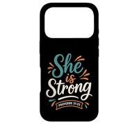 Carcasa para iPhone 17 Pro She Is Strong Proverbs 31 25 - Verso bíblico Vintage Cristiano