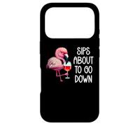 Carcasa para iPhone 17 Pro Sips About to Go Down Funny Pink Flamingo Drinking Wine
