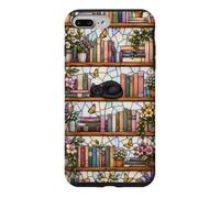 Carcasa para iPhone 7 Plus/8 Plus Literary Cat Book Lover Floral Estantería Vitral