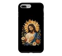 Carcasa para iPhone 7 Plus/8 Plus Retrato de oración de Icono Sagrado Estilo de Papel Floral de Jesucristo