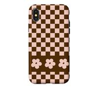 Carcasa para iPhone X/XS Aesthetic Checker Retro Groovy Flowers in Beige and Brown