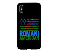 Carcasa para iPhone X/XS American Romani | Banderas de Roma Traveller & USA envejecidas