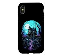 Carcasa para iPhone X/XS Casa embrujada Luna de Sangre Arte de Grabado en Madera
