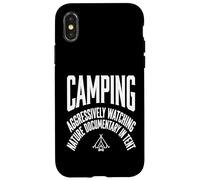 Carcasa para iPhone X/XS Divertido Camping Viendo documental de la Naturaleza en Carpa Cita