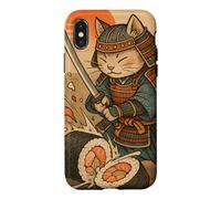 Carcasa para iPhone X/XS Divertido Sushi Samurai Cat Dojo Puesta de Sol Ukiyo-e Manga Kanji Art