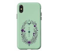 Carcasa para iPhone X/XS Fases Lunares Corona Botánica con Flores Violetas y Hojas