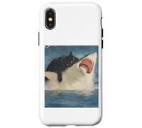 Carcasa para iPhone X/XS Funny Ocean Adventure Cat Biting a Shark Vintage