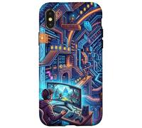Carcasa para iPhone X/XS Futurista Cyberpunk PC Gamer y Retro Pixel Art RPG Fantasía