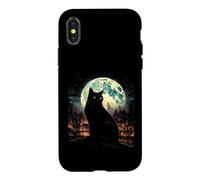 Carcasa para iPhone X/XS Green Cat Luna Llena Ciudad Vigilante Noche Felino