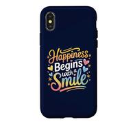 Carcasa para iPhone X/XS La Felicidad Comienza con una Sonrisa Cita Positiva Hombres Mujeres Niños