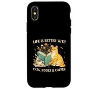 Carcasa para iPhone X/XS Life is Better with Cats Books and Coffee Cat Lover Reading