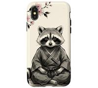 Carcasa para iPhone X/XS Lindo Mapache samurái Sentado bajo Flores de Cerezo Arte de Tinta