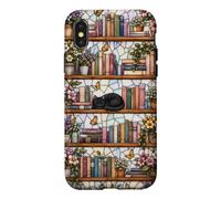 Carcasa para iPhone X/XS Literary Cat Book Lover Floral Estantería Vitral