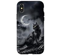 Carcasa para iPhone X/XS Nekomata Yokai Gato Negro Luna Creciente Arte Sumi-e