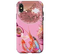 Carcasa para iPhone X/XS Pink Preppy Disco Ball Camarones Martini Cóctel Verano Divertido