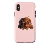 Carcasa para iPhone X/XS Womens Girls Kids Two 2 Red Black Tan Dachshund Puppy Lover
