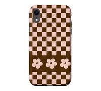 Carcasa para iPhone XR Aesthetic Checker Retro Groovy Flowers in Beige and Brown