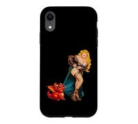 Carcasa para iPhone XR Fantasy Barbarian Pinup Woman Red Baby Dragon Tugging Skirt