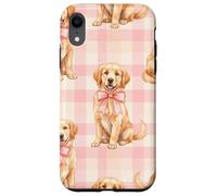 Carcasa para iPhone XR Golden Retriever Puppy Lazo Rosa Gingham Sweet Dog Design