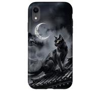 Carcasa para iPhone XR Nekomata Yokai Gato Negro Luna Creciente Arte Sumi-e