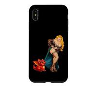 Carcasa para iPhone XS MAX Fantasy Barbarian Pinup Woman Red Baby Dragon Tugging Skirt